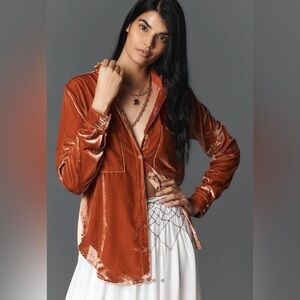Anthropologie Pilcro Hadley Relaxed Velvet Button-Down Top Burnt Orange, size M